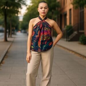 Trina Turk Menara Plus Size 2X Halter Neck‎ Shirt Tie Back Top Handkerchief Hem